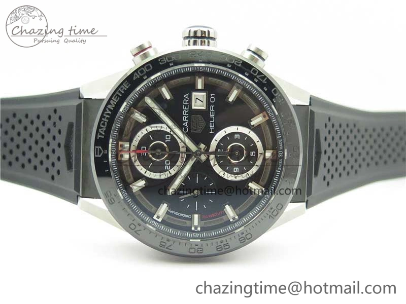 Calibre Heuer 01 Chrono SS XF 1:1 Best Edition Black Dial on Black Rubber Strap A1887