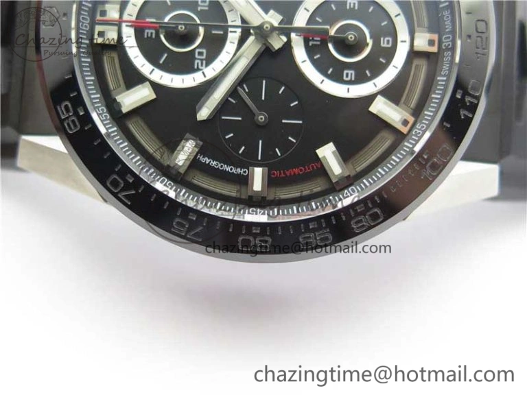 Calibre Heuer 01 Chrono SS XF 1:1 Best Edition Black Dial on Black Rubber Strap A1887