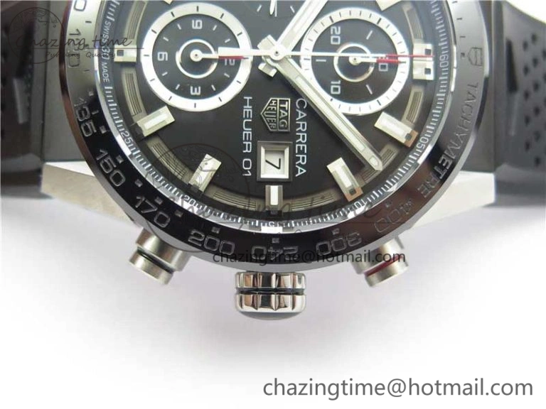 Calibre Heuer 01 Chrono SS XF 1:1 Best Edition Black Dial on Black Rubber Strap A1887