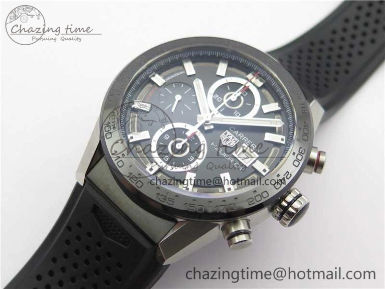 Calibre Heuer 01 Chrono SS XF 1:1 Best Edition Black Dial on Black Rubber Strap A1887
