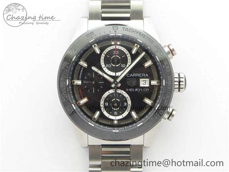 Calibre Heuer 01 Chrono SS XF 1:1 Best Edition Black Dial on SS Bracelet Strap A1887