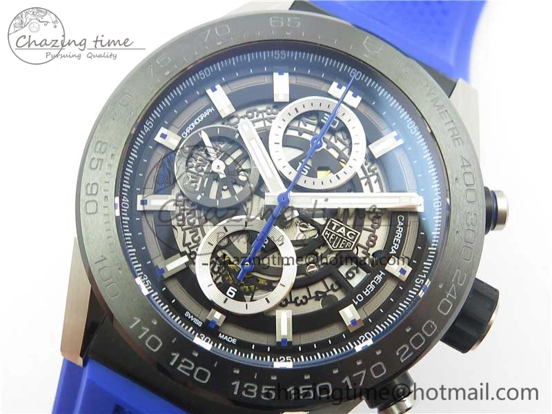 Calibre Heuer 01 Chrono SS PVD XF 1:1 Best Edition Skeleton Dial Blue Hand on Blue Rubber Strap A1887