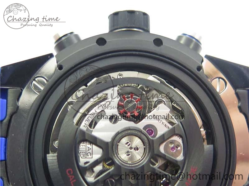 Calibre Heuer 01 Chrono SS PVD XF 1:1 Best Edition Skeleton Dial Blue Hand on Blue Rubber Strap A1887