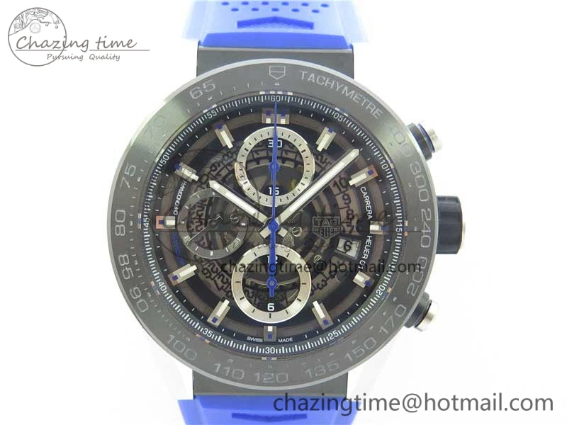 Calibre Heuer 01 Chrono SS PVD XF 1:1 Best Edition Skeleton Dial Blue Hand on Blue Rubber Strap A1887