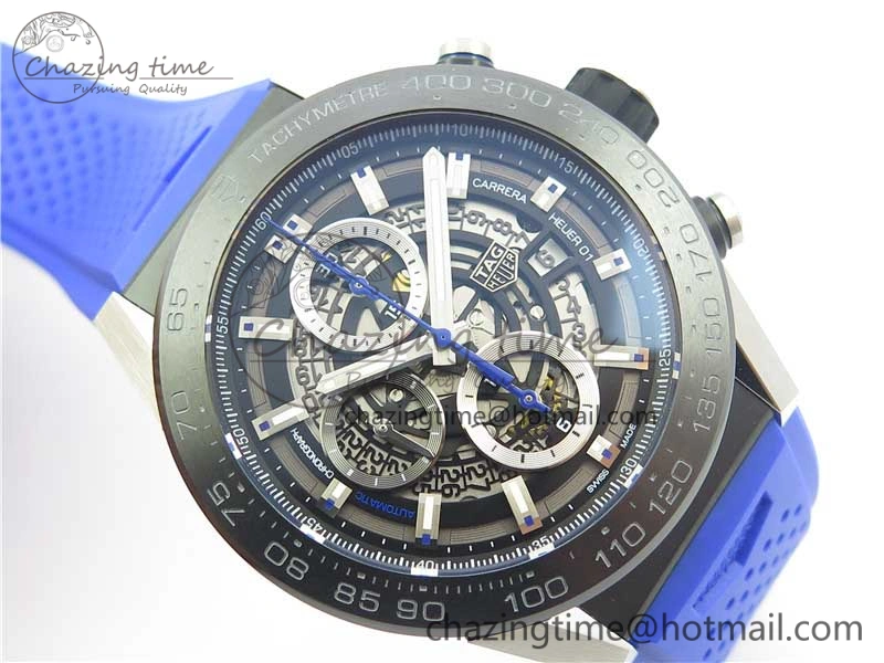 Calibre Heuer 01 Chrono SS PVD XF 1:1 Best Edition Skeleton Dial Blue Hand on Blue Rubber Strap A1887
