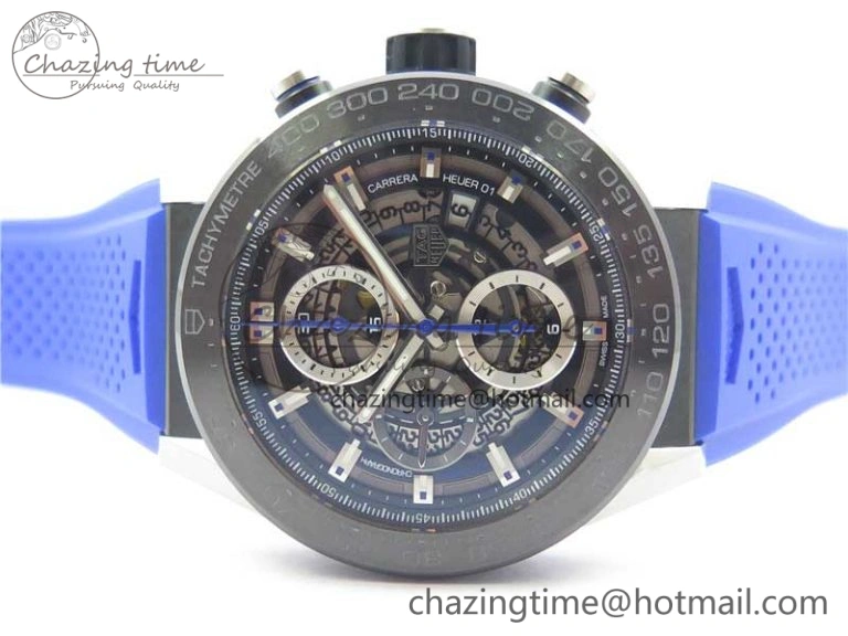 Calibre Heuer 01 Chrono SS PVD XF 1:1 Best Edition Skeleton Dial Blue Hand on Blue Rubber Strap A1887