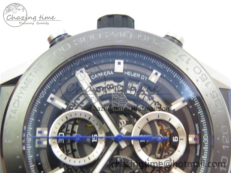Calibre Heuer 01 Chrono SS PVD XF 1:1 Best Edition Skeleton Dial Blue Hand on Blue Rubber Strap A1887