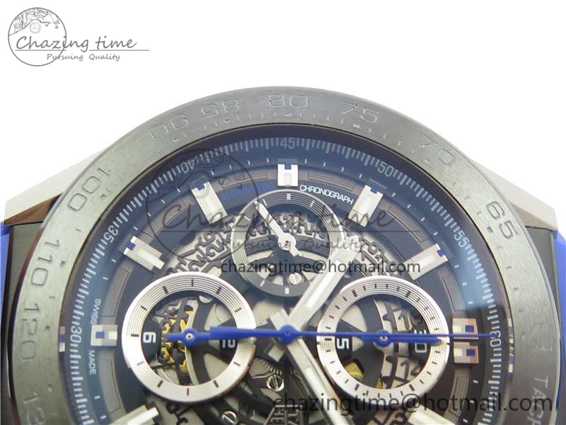 Calibre Heuer 01 Chrono SS PVD XF 1:1 Best Edition Skeleton Dial Blue Hand on Blue Rubber Strap A1887