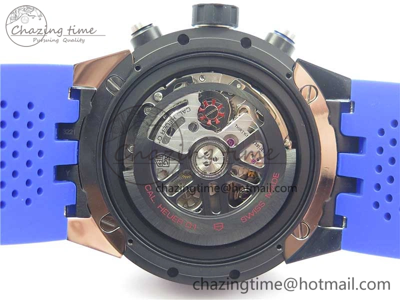 Calibre Heuer 01 Chrono SS PVD XF 1:1 Best Edition Skeleton Dial Blue Hand on Blue Rubber Strap A1887