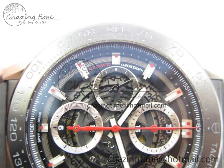 Calibre Heuer 01 Chrono SS PVD XF 1:1 Best Edition Skeleton Dial Red Hand on Black Rubber Strap A1887