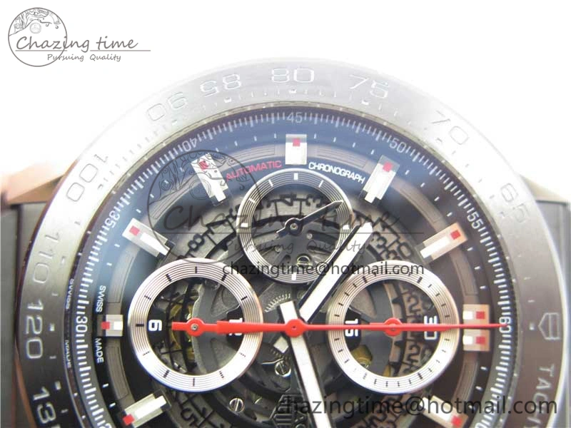 Calibre Heuer 01 Chrono SS PVD XF 1:1 Best Edition Skeleton Dial Red Hand on Black Rubber Strap A1887