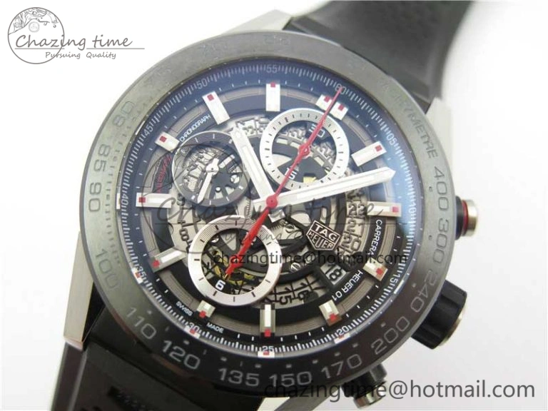 Calibre Heuer 01 Chrono SS PVD XF 1:1 Best Edition Skeleton Dial Red Hand on Black Rubber Strap A1887