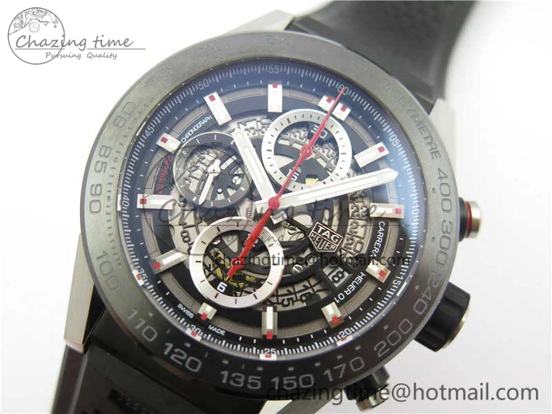 Calibre Heuer 01 Chrono SS PVD XF 1:1 Best Edition Skeleton Dial Red Hand on Black Rubber Strap A1887