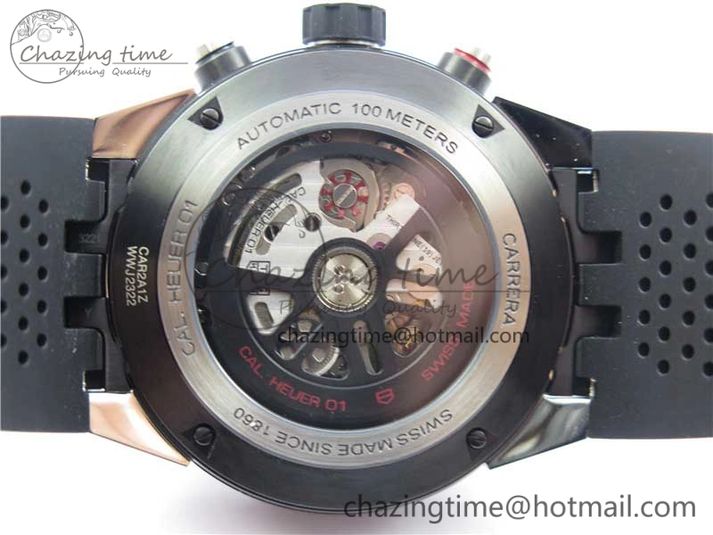 Calibre Heuer 01 Chrono SS PVD XF 1:1 Best Edition Skeleton Dial Red Hand on Black Rubber Strap A1887