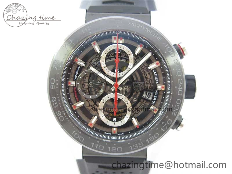 Calibre Heuer 01 Chrono SS PVD XF 1:1 Best Edition Skeleton Dial Red Hand on Black Rubber Strap A1887