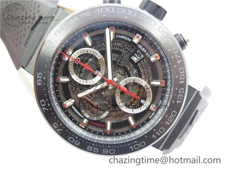 Calibre Heuer 01 Chrono SS PVD XF 1:1 Best Edition Skeleton Dial Red Hand on Black Rubber Strap A1887