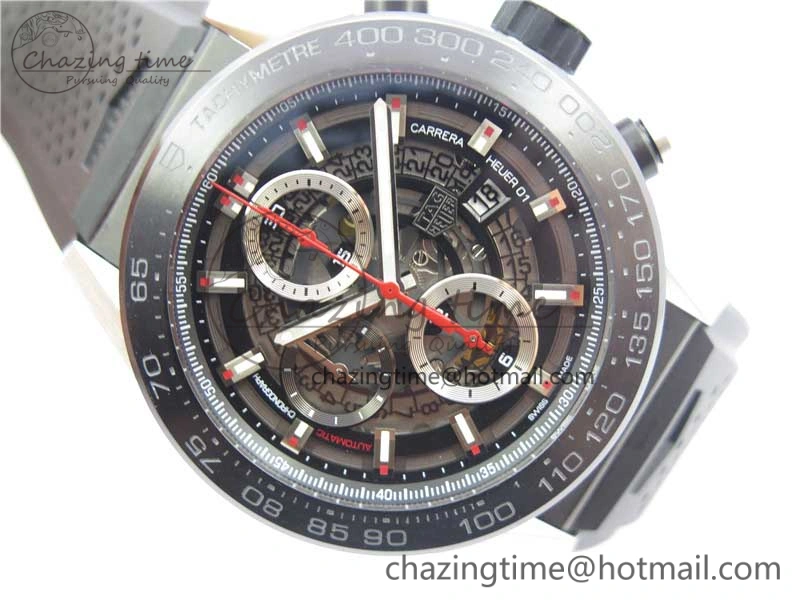 Calibre Heuer 01 Chrono SS PVD XF 1:1 Best Edition Skeleton Dial Red Hand on Black Rubber Strap A1887