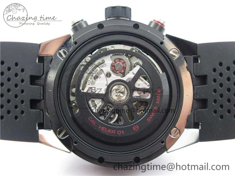 Calibre Heuer 01 Chrono SS PVD XF 1:1 Best Edition Skeleton Dial Red Hand on Black Rubber Strap A1887