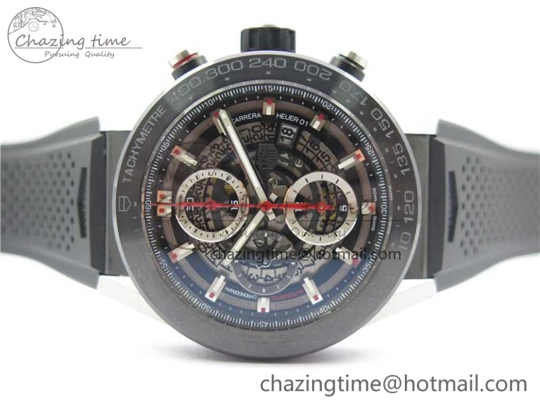 Calibre Heuer 01 Chrono SS PVD XF 1:1 Best Edition Skeleton Dial Red Hand on Black Rubber Strap A1887