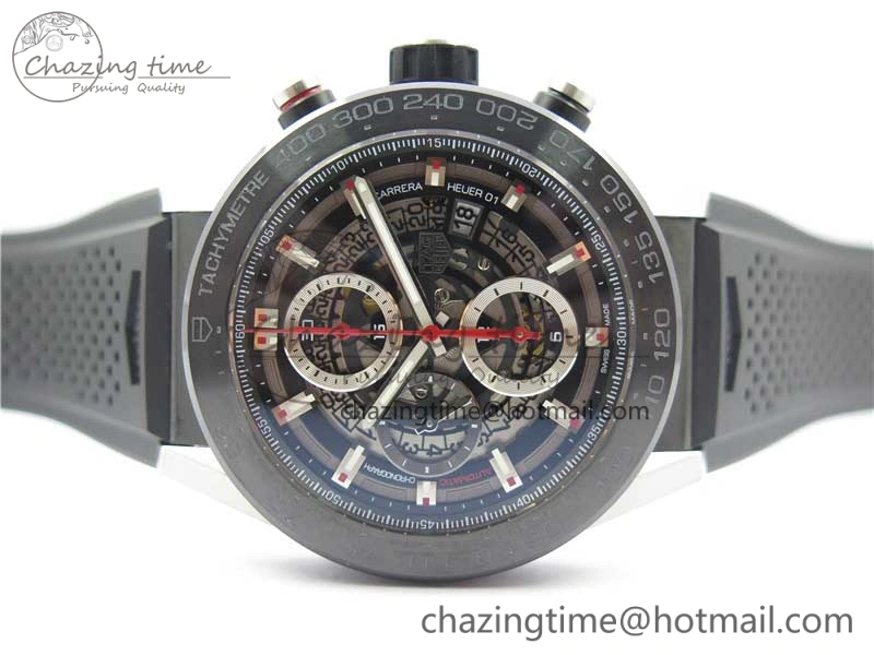 Calibre Heuer 01 Chrono SS PVD XF 1:1 Best Edition Skeleton Dial Red Hand on Black Rubber Strap A1887
