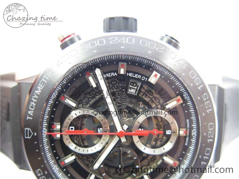 Calibre Heuer 01 Chrono SS PVD XF 1:1 Best Edition Skeleton Dial Red Hand on Black Rubber Strap A1887