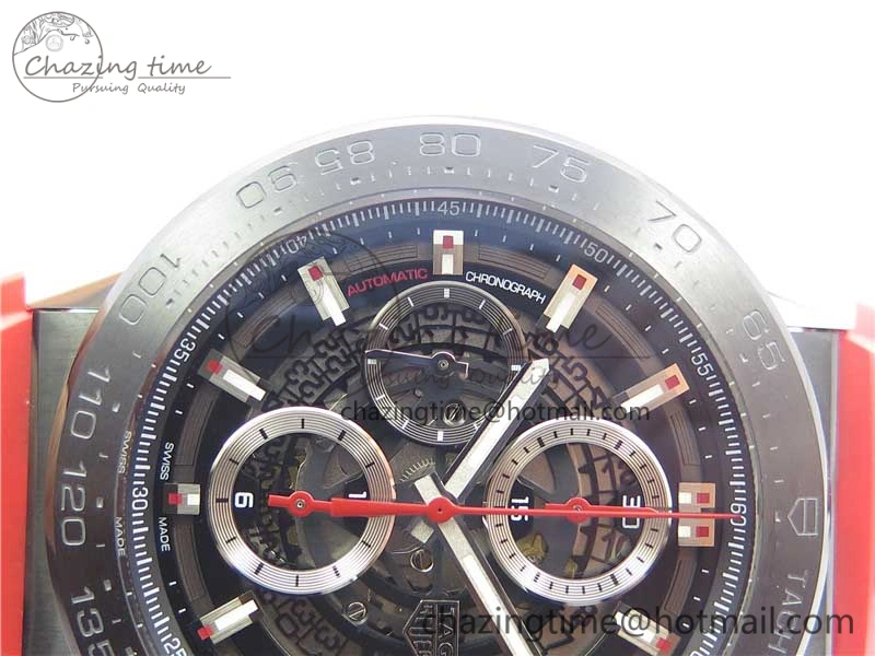 Calibre Heuer 01 Chrono SS PVD XF 1:1 Best Edition Skeleton Dial Red Hand on Red Rubber Strap A1887