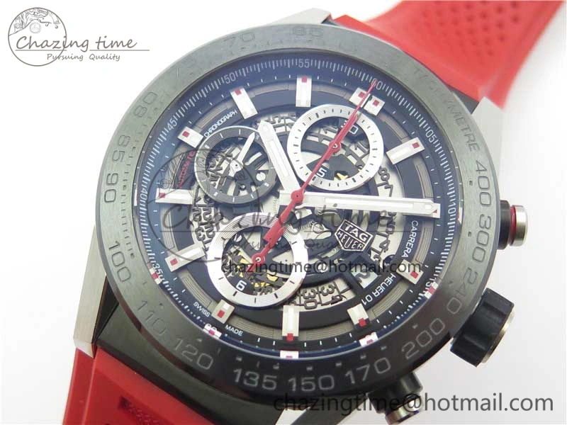 Calibre Heuer 01 Chrono SS PVD XF 1:1 Best Edition Skeleton Dial Red Hand on Red Rubber Strap A1887