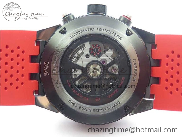 Calibre Heuer 01 Chrono SS PVD XF 1:1 Best Edition Skeleton Dial Red Hand on Red Rubber Strap A1887