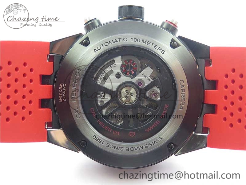 Calibre Heuer 01 Chrono SS PVD XF 1:1 Best Edition Skeleton Dial Red Hand on Red Rubber Strap A1887
