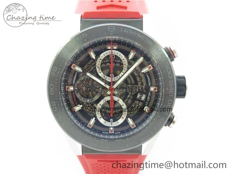Calibre Heuer 01 Chrono SS PVD XF 1:1 Best Edition Skeleton Dial Red Hand on Red Rubber Strap A1887