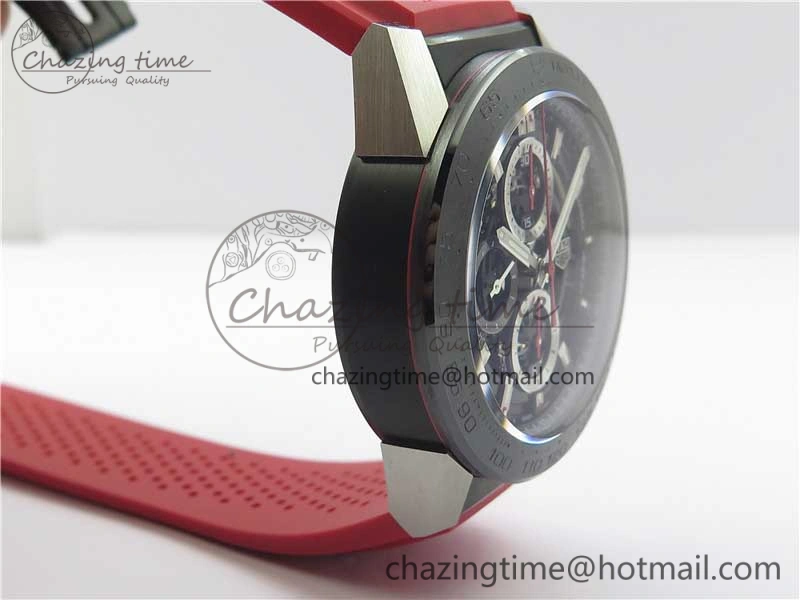 Calibre Heuer 01 Chrono SS PVD XF 1:1 Best Edition Skeleton Dial Red Hand on Red Rubber Strap A1887