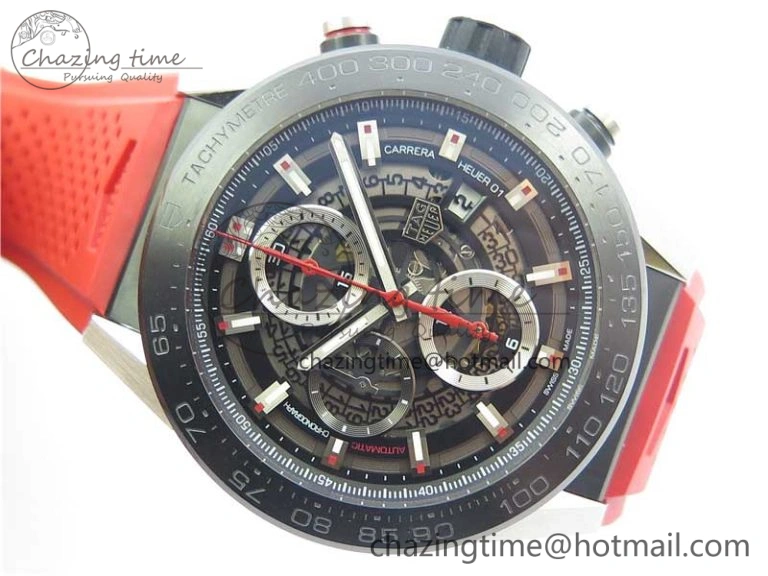 Calibre Heuer 01 Chrono SS PVD XF 1:1 Best Edition Skeleton Dial Red Hand on Red Rubber Strap A1887