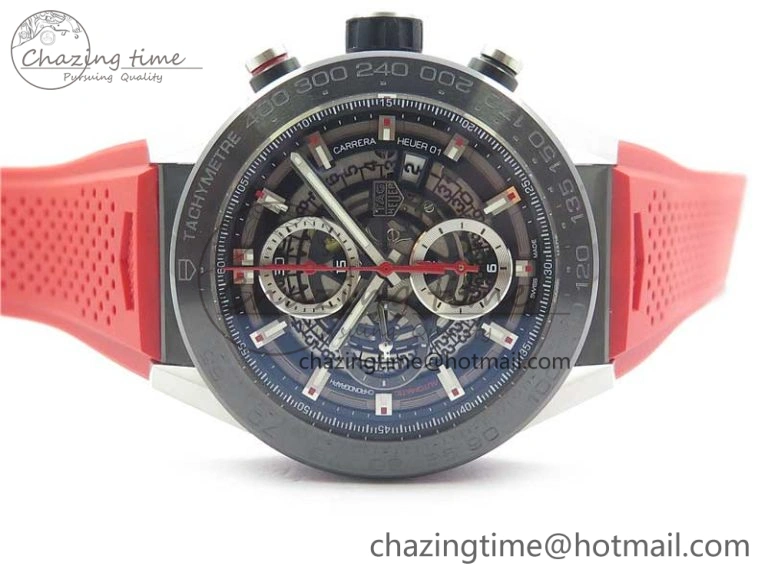Calibre Heuer 01 Chrono SS PVD XF 1:1 Best Edition Skeleton Dial Red Hand on Red Rubber Strap A1887