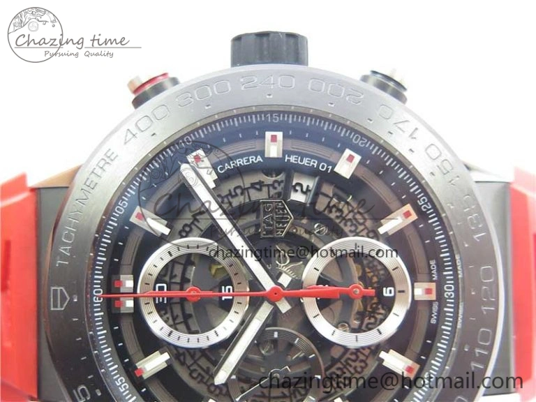 Calibre Heuer 01 Chrono SS PVD XF 1:1 Best Edition Skeleton Dial Red Hand on Red Rubber Strap A1887
