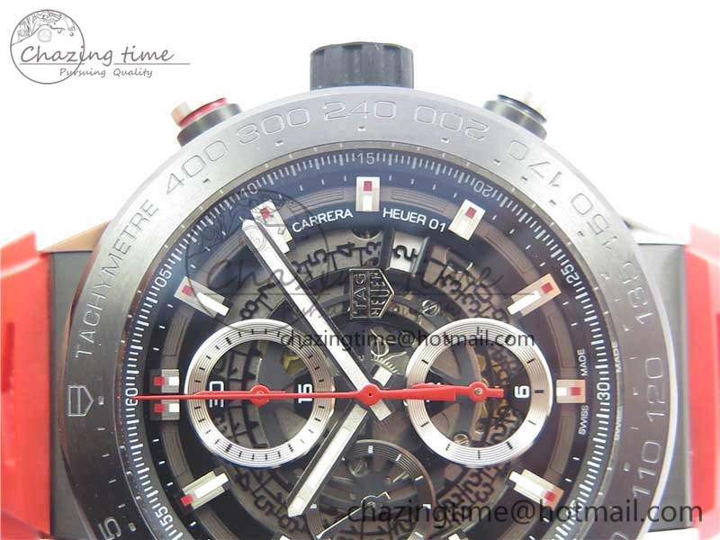 Calibre Heuer 01 Chrono SS PVD XF 1:1 Best Edition Skeleton Dial Red Hand on Red Rubber Strap A1887