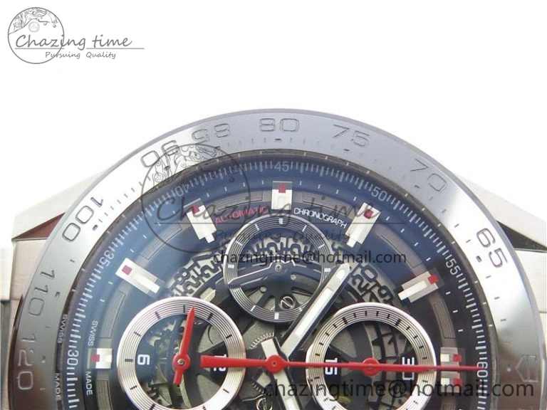 Calibre Heuer 01 Chrono SS PVD XF 1:1 Best Edition Skeleton Dial Red Hand on SS Bracelet A1887