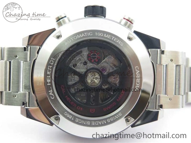 Calibre Heuer 01 Chrono SS PVD XF 1:1 Best Edition Skeleton Dial Red Hand on SS Bracelet A1887