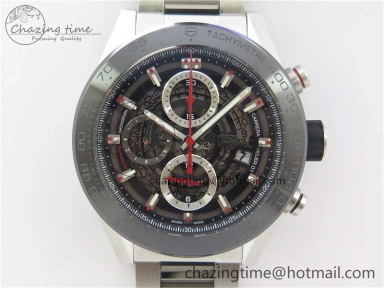 Calibre Heuer 01 Chrono SS PVD XF 1:1 Best Edition Skeleton Dial Red Hand on SS Bracelet A1887