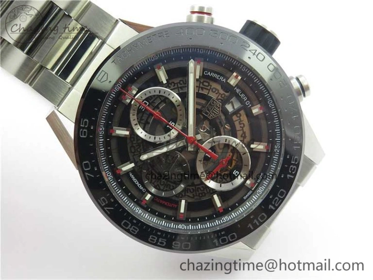 Calibre Heuer 01 Chrono SS PVD XF 1:1 Best Edition Skeleton Dial Red Hand on SS Bracelet A1887