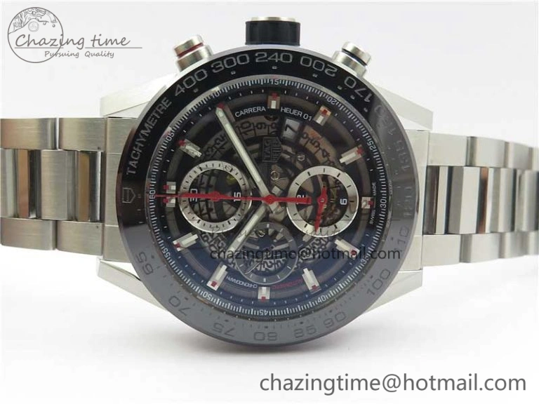 Calibre Heuer 01 Chrono SS PVD XF 1:1 Best Edition Skeleton Dial Red Hand on SS Bracelet A1887