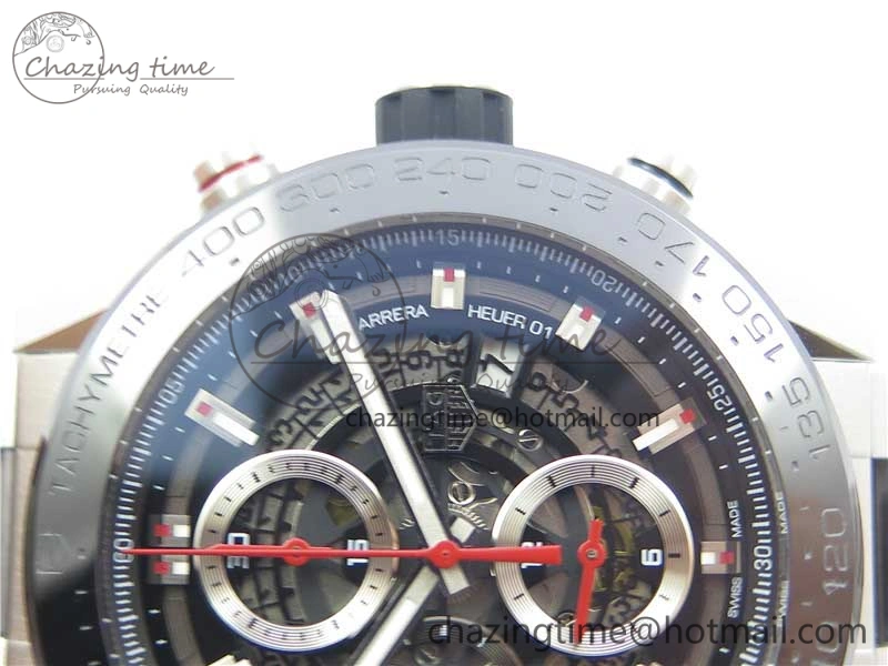 Calibre Heuer 01 Chrono SS PVD XF 1:1 Best Edition Skeleton Dial Red Hand on SS Bracelet A1887