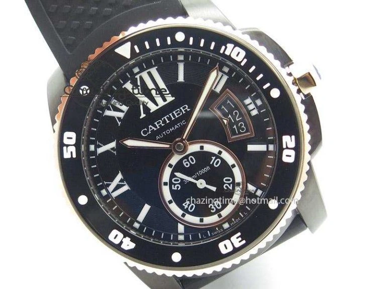 Calibre de Cartier Diver TF 1:1 Best Edition PVD RG Black Dial On Black Rubber Strap MIYOTA Movement
