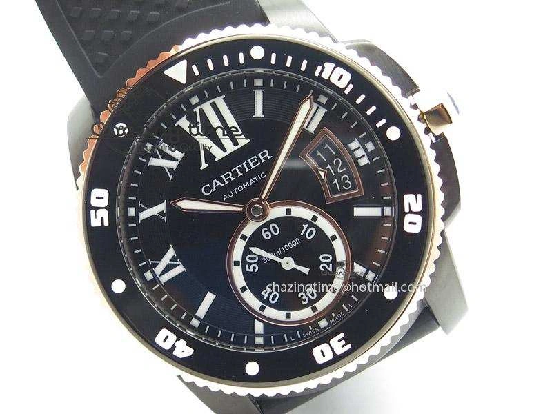 Calibre de Cartier Diver TF 1:1 Best Edition PVD RG Black Dial On Black Rubber Strap MIYOTA Movement
