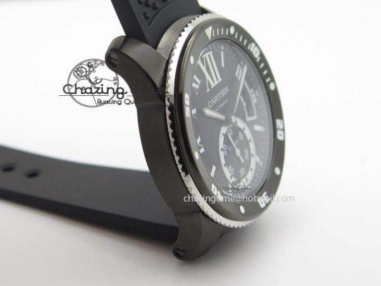 Calibre de Cartier Diver TF 1:1 Best Edition PVD SS Black Dial On Black Rubber Strap MIYOTA Movement