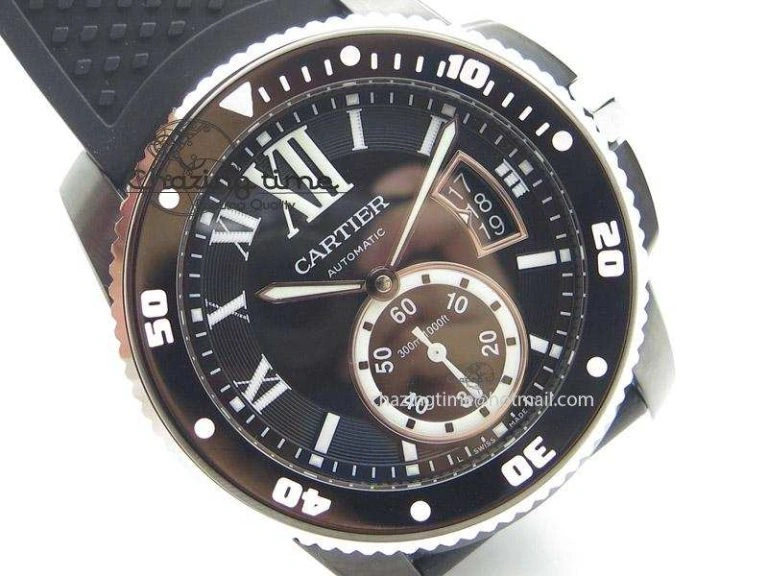 Calibre de Cartier Diver TF 1:1 Best Edition PVD SS Black Dial On Black Rubber Strap MIYOTA Movement