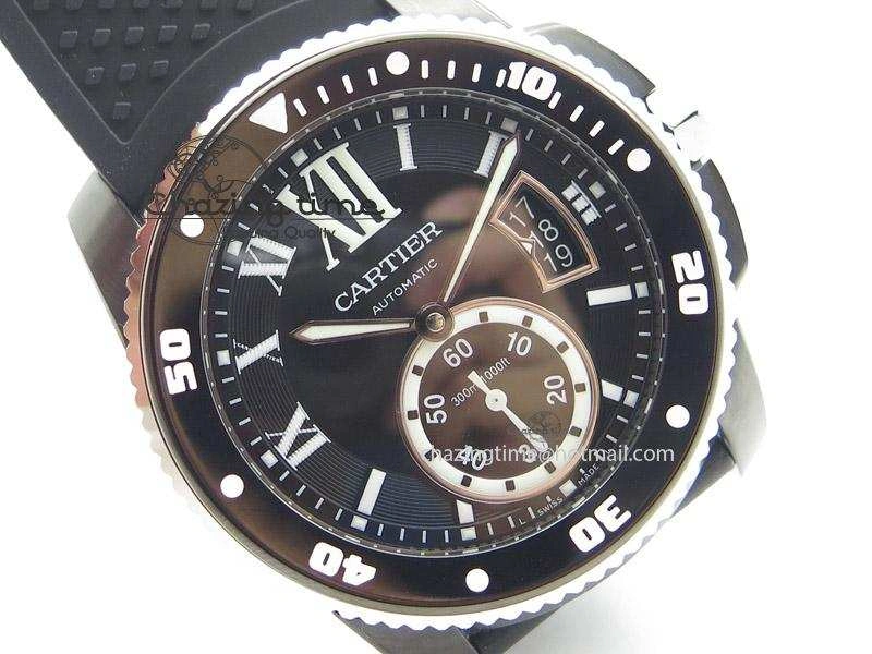 Calibre de Cartier Diver TF 1:1 Best Edition PVD SS Black Dial On Black Rubber Strap MIYOTA Movement