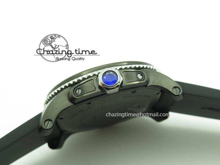 Calibre de Cartier Diver TF 1:1 Best Edition PVD SS Black Dial On Black Rubber Strap MIYOTA Movement