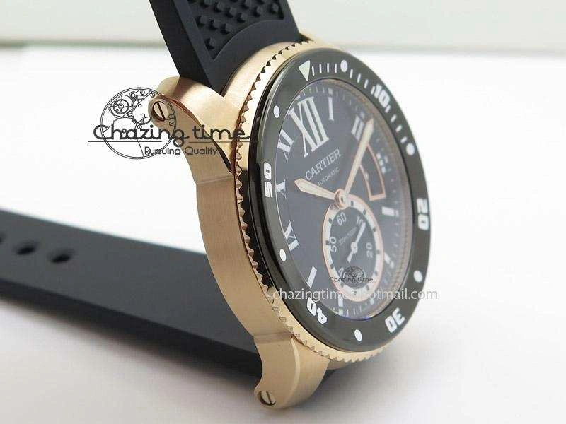 Calibre de Cartier Diver TF 1:1 Best Edition RG Black Dial on Black Rubber Strap MIYOTA Movement