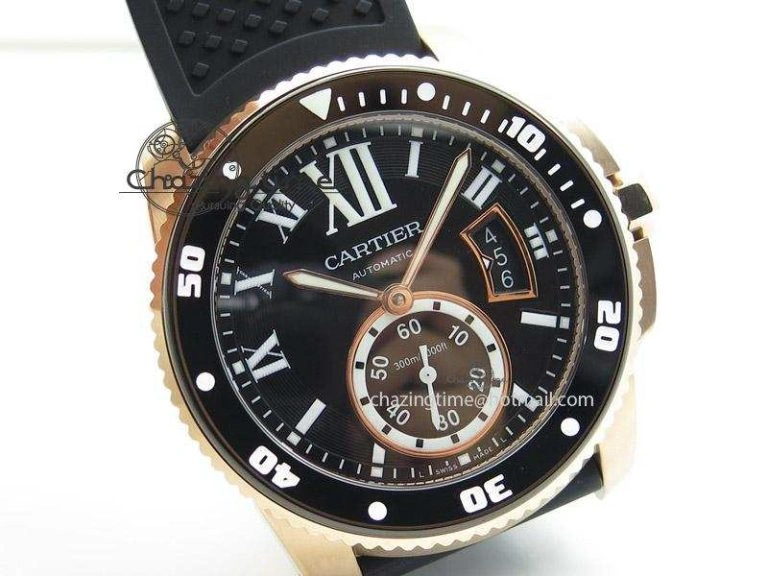 Calibre de Cartier Diver TF 1:1 Best Edition RG Black Dial on Black Rubber Strap MIYOTA Movement