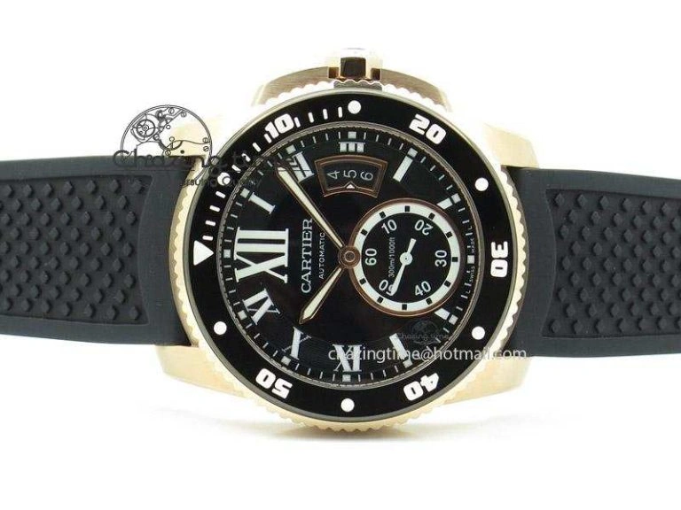 Calibre de Cartier Diver TF 1:1 Best Edition RG Black Dial on Black Rubber Strap MIYOTA Movement
